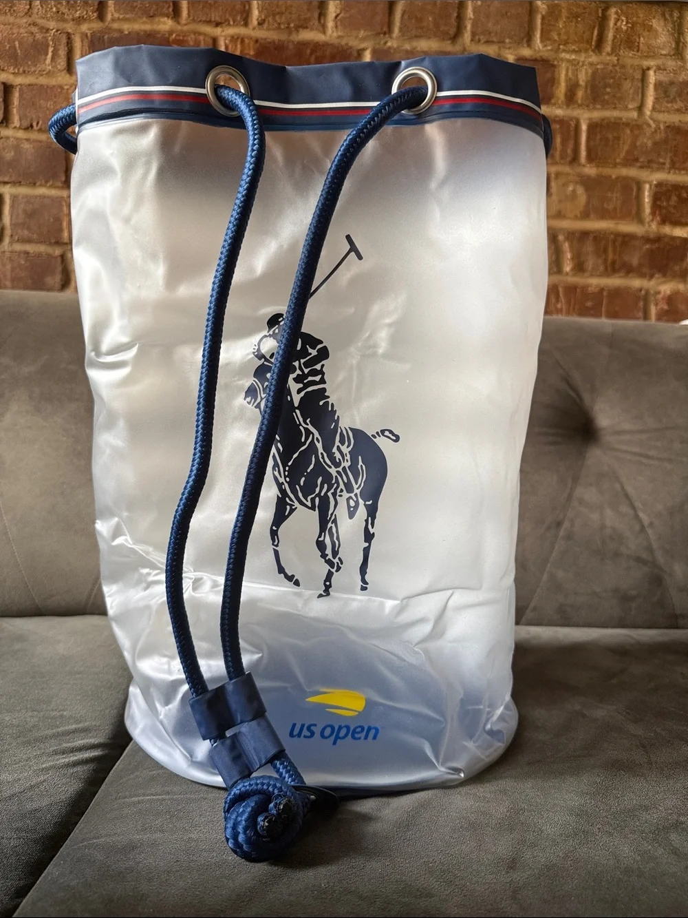 US Open 2025 Polo by Ralph Lauren White Navy Clear Striped Drawstring Duffel